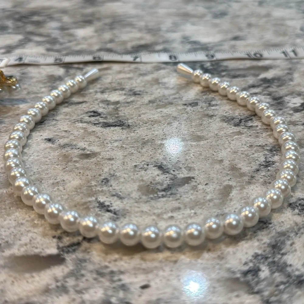 Anthropologie Faux Pearl Headband & Hair Clip Set White Gold NWT